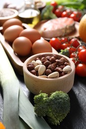 Many different healthy food on table, closeup