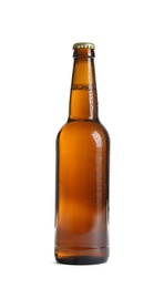 Photo of Bottle of tasty cold beer on white background