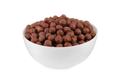 Photo of Bowl of sweet crispy corn balls on white background. Breakfast cereal