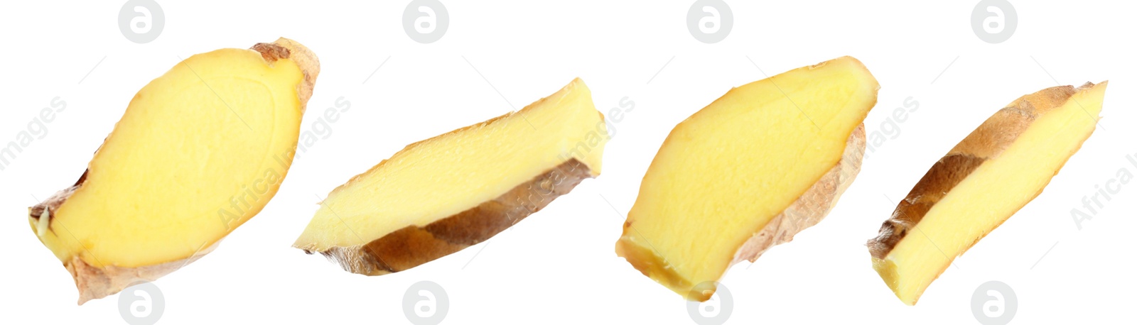 Image of Set of fresh ginger slices on white background. Banner design 