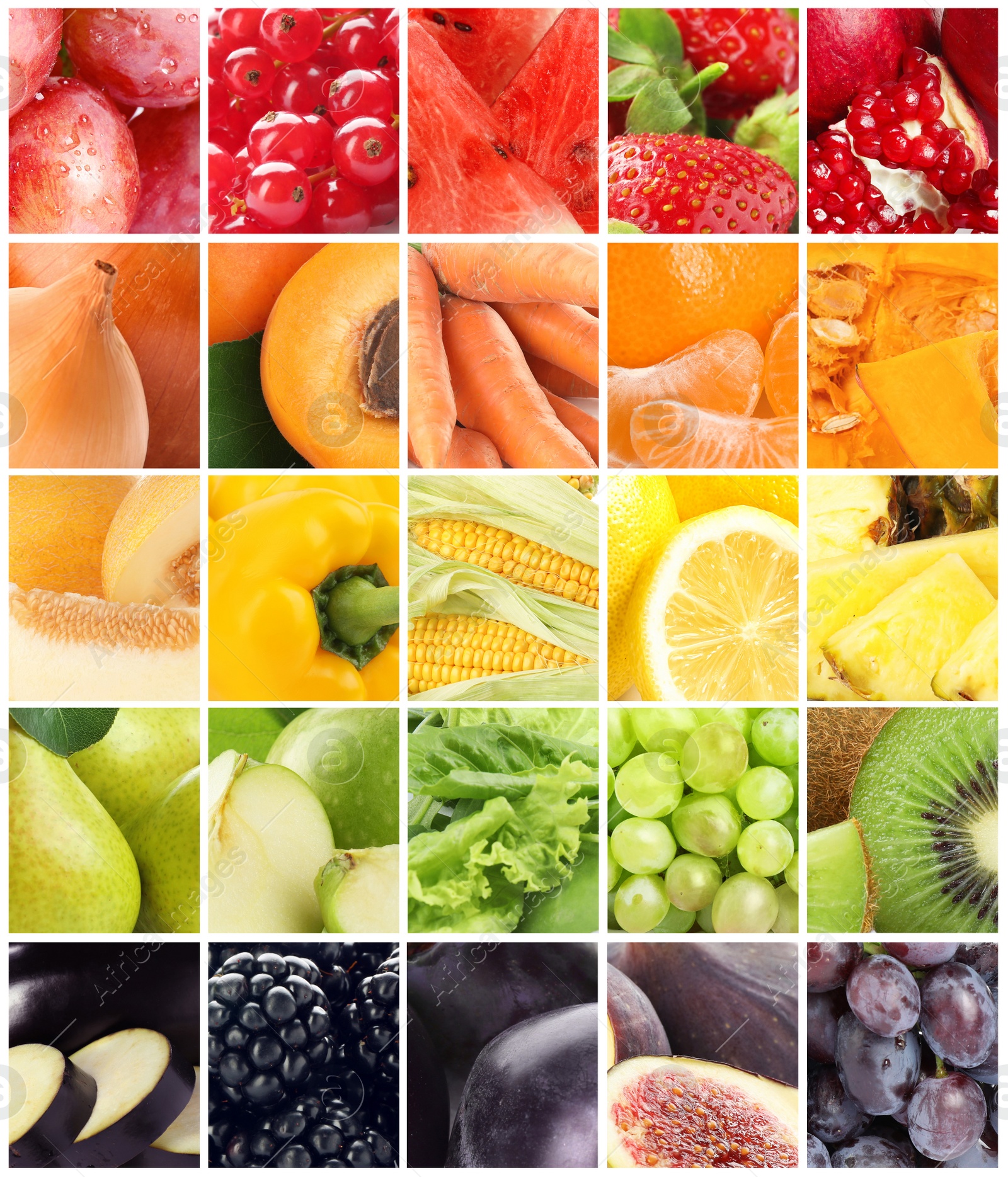 Image of Different fresh fruits, vegetables and berries, collage 