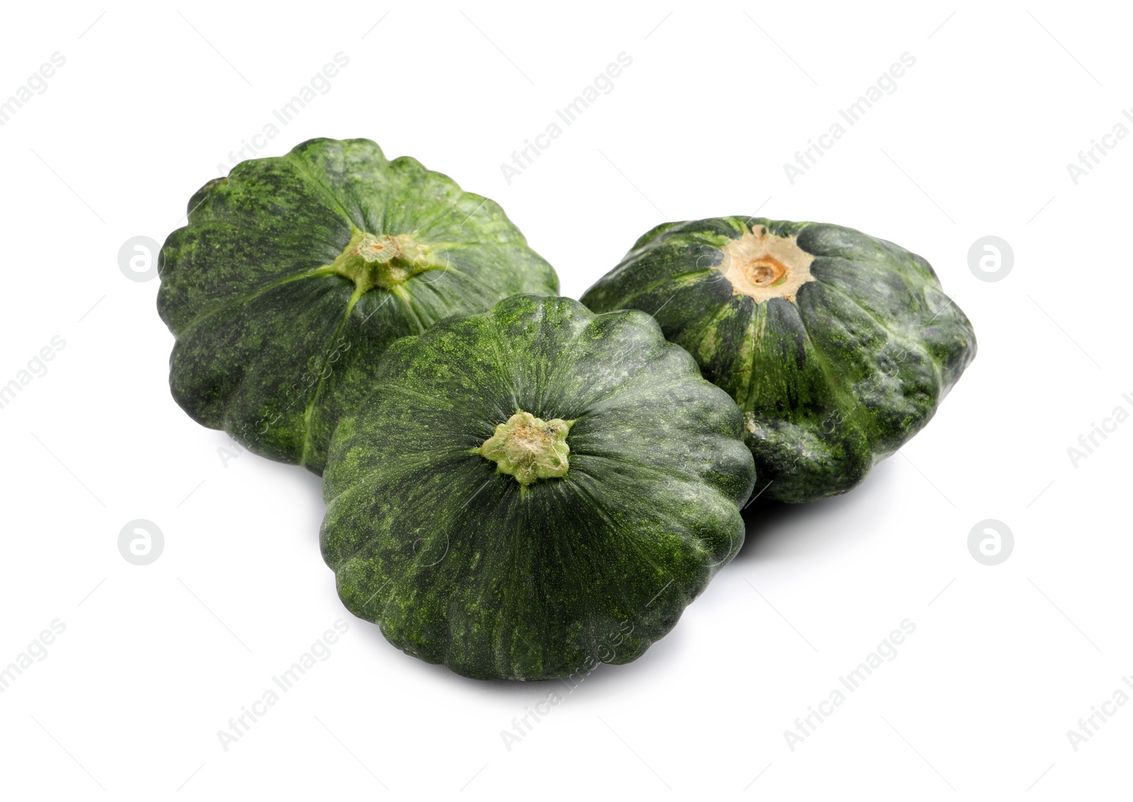 Photo of Fresh ripe green pattypan squashes on white background