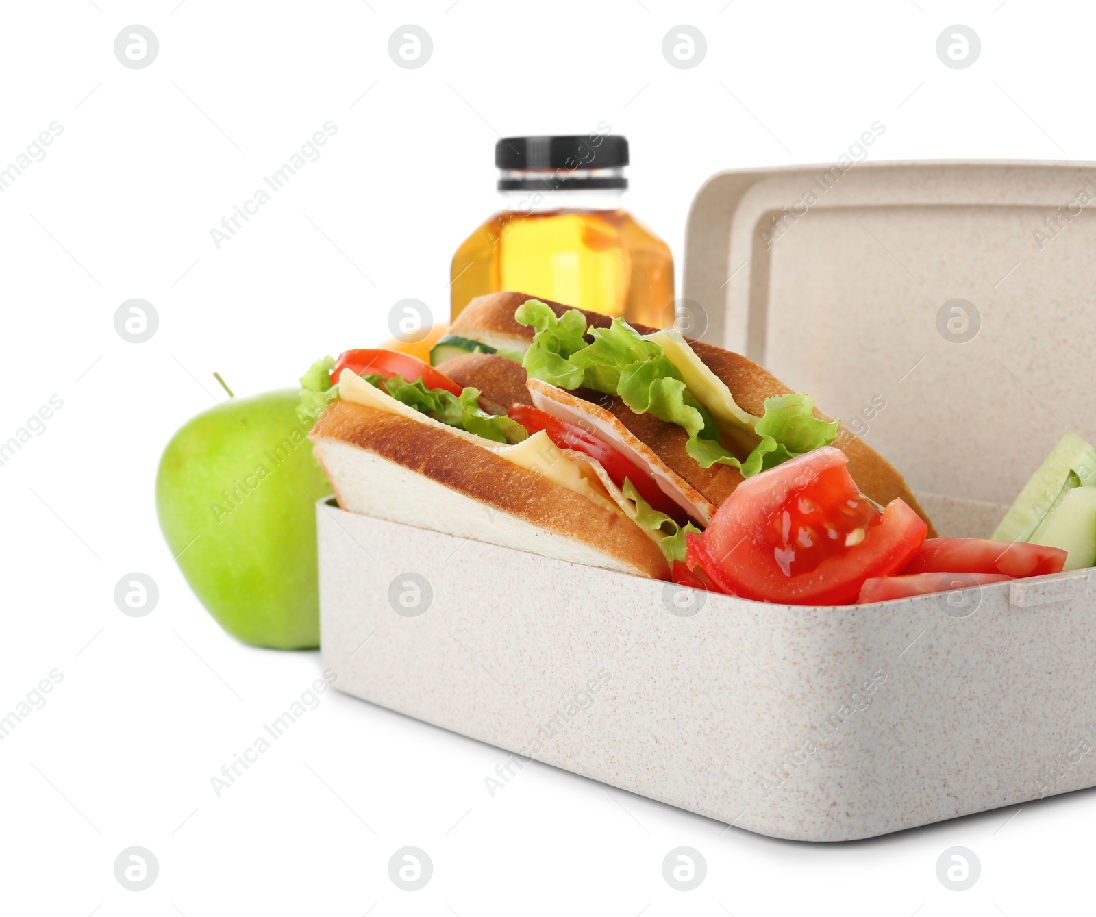 Photo of Lunch box with healthy food for schoolchild on white background