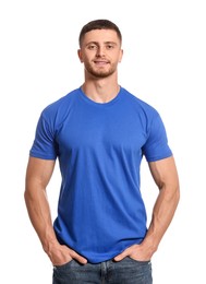 Photo of Man wearing blue t-shirt on white background. Mockup for design