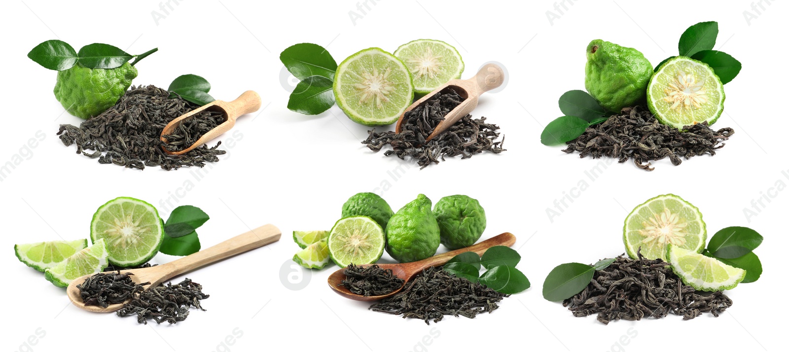 Image of Set with dry tea leaves and bergamot fruits on white background. Banner design