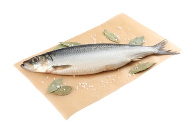 Photo of Parchment paper with salted herring and bay leaves isolated on white