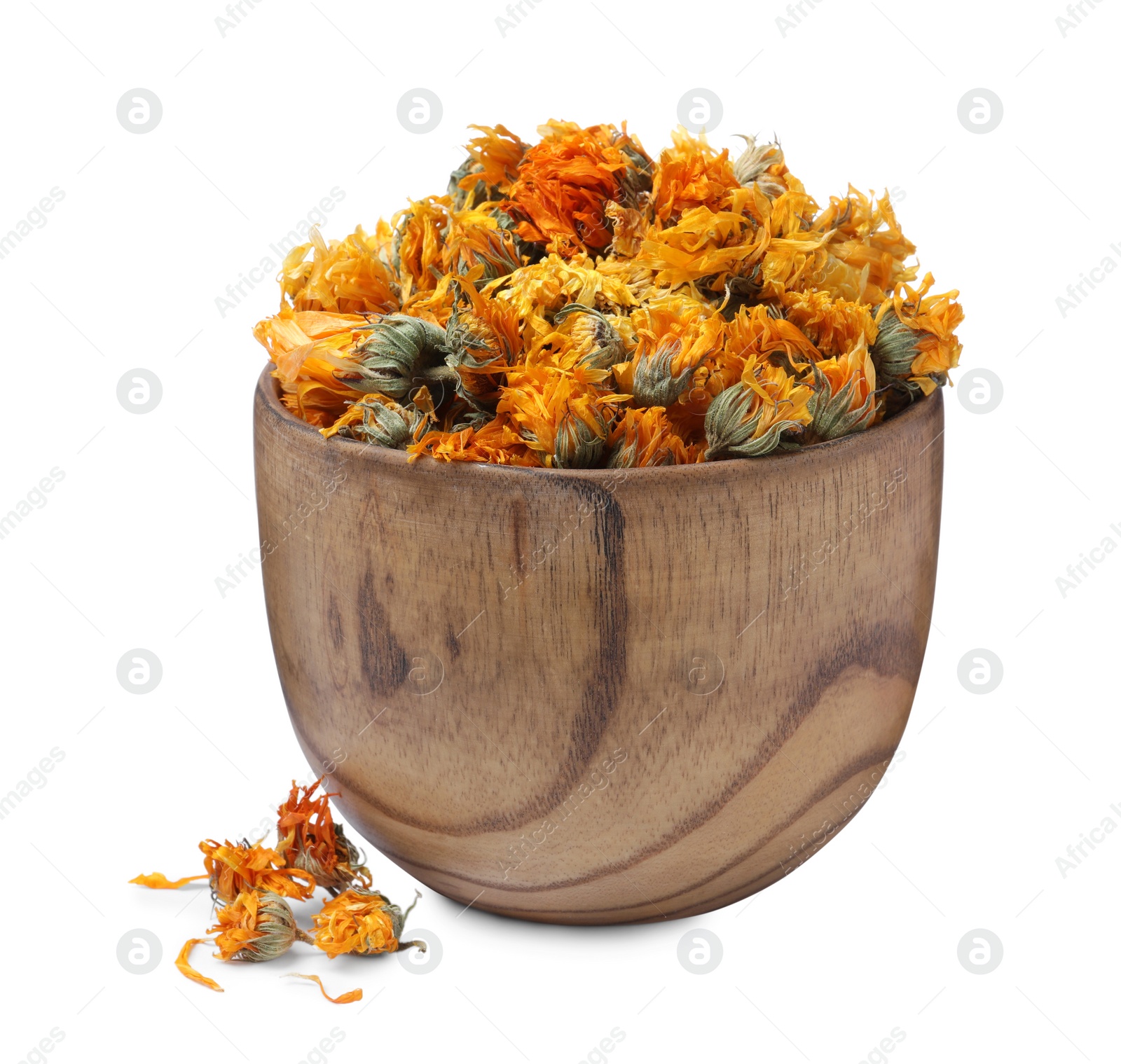 Photo of Dry calendula flowers in wooden bowl on white background