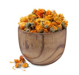 Photo of Dry calendula flowers in wooden bowl on white background