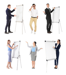 Collage with photos of business trainers on white background