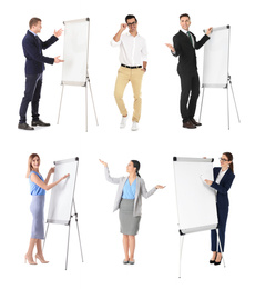 Image of Collage with photos of business trainers on white background