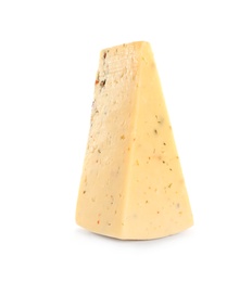 Piece of delicious cheese on white background