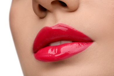 Woman with bright lip gloss, closeup view