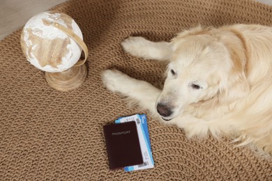 Photo of Cute golden retriever lying near passport, tickets and globe on floor at home, above view. Travelling with pet