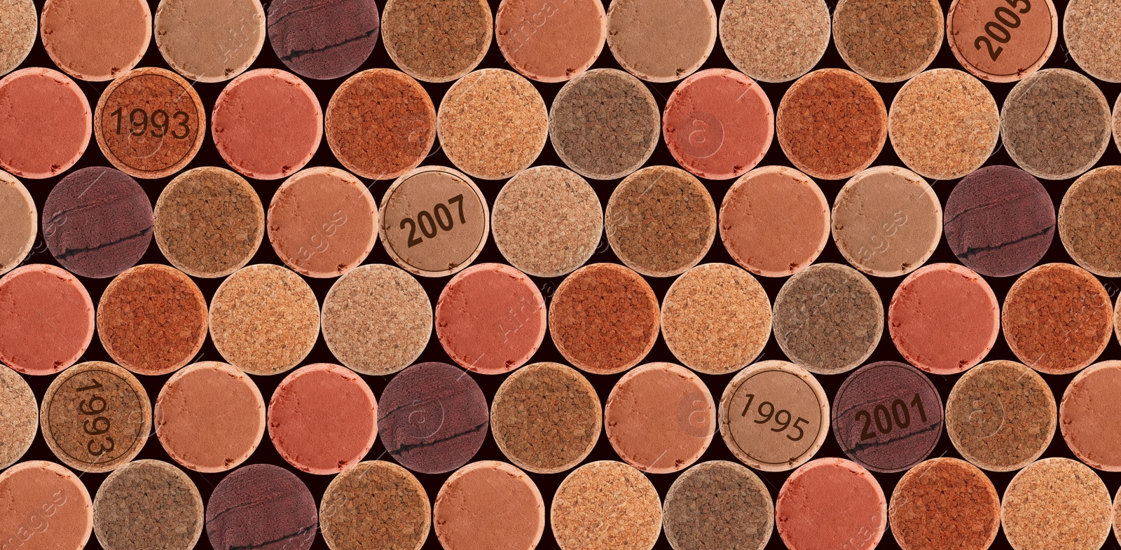 Image of Collection of different wine corks, flat lay. Banner design