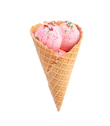 Photo of Delicious ice cream in wafer cone on white background