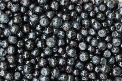 Photo of Many bilberries as background, top view. Seasonal berries