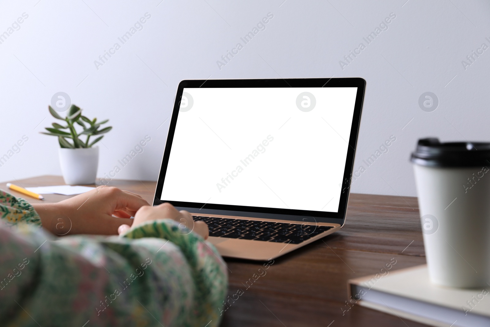 Photo of Woman working on laptop at wooden table, closeup. Mockup for design