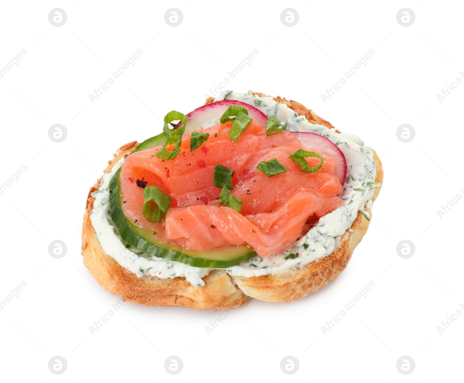 Photo of Tasty canape with salmon, cucumber, radish and cream cheese isolated on white