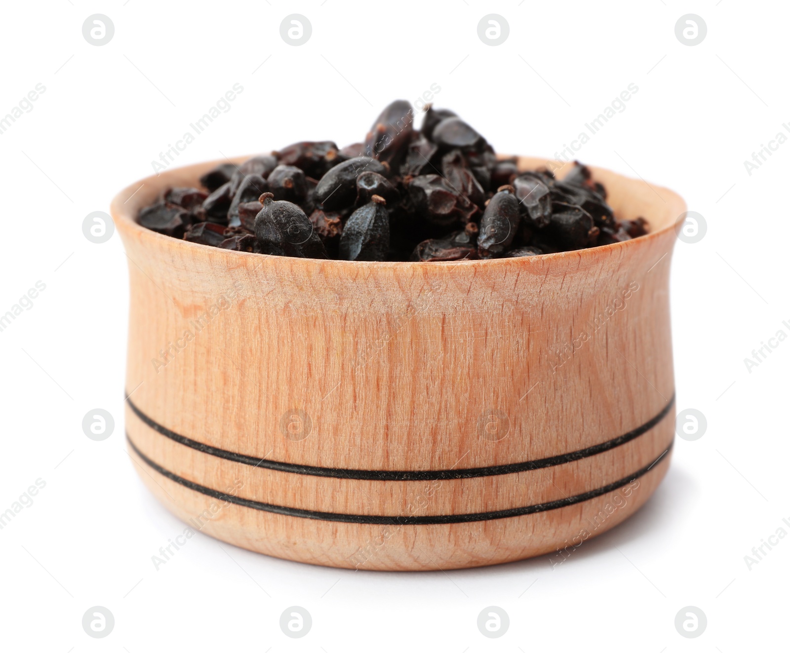 Photo of Wooden bowl with dried barberry on white background. Different spices