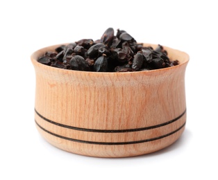 Wooden bowl with dried barberry on white background. Different spices