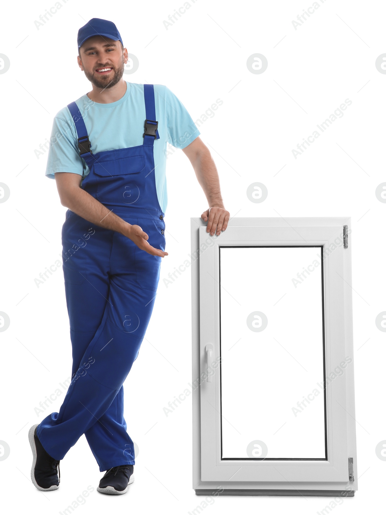 Photo of Worker with plastic window on white background. Installation service