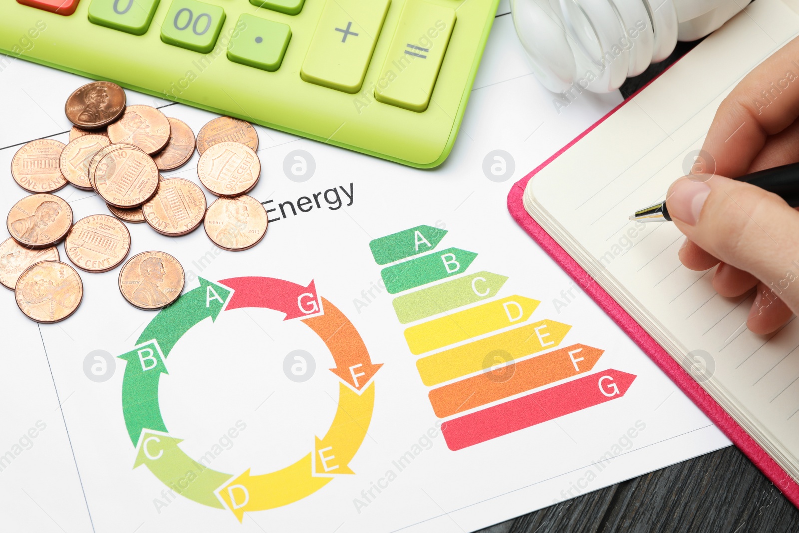 Photo of Woman with pen, notebook, calculator, coins and energy efficiency rating chart at table, closeup