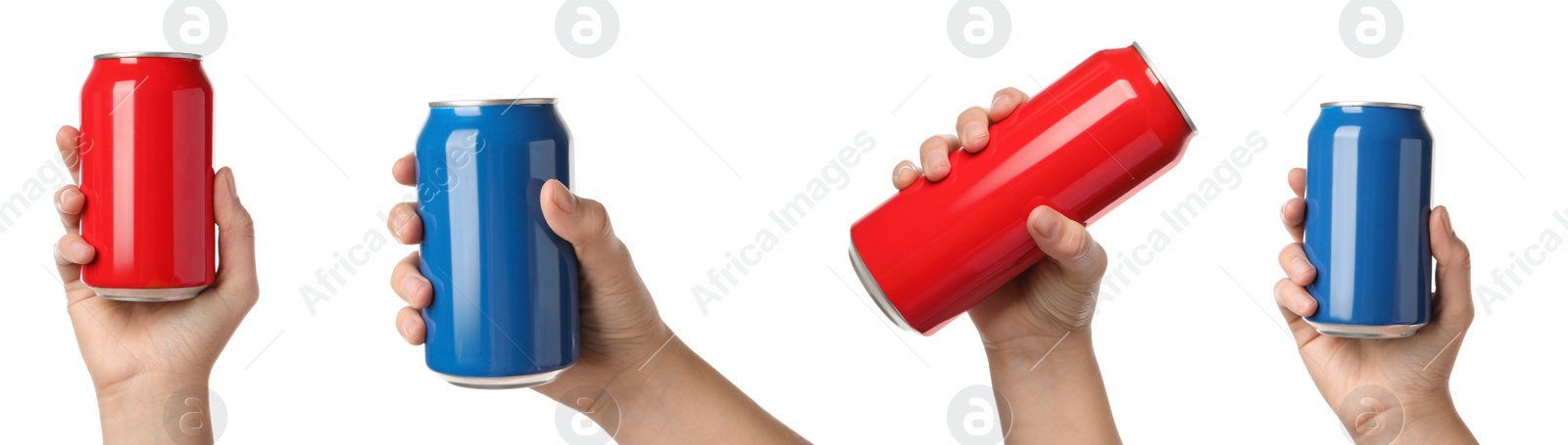 Image of Collage with photos of women holding different cans with beverages on white background, closeup. Banner design