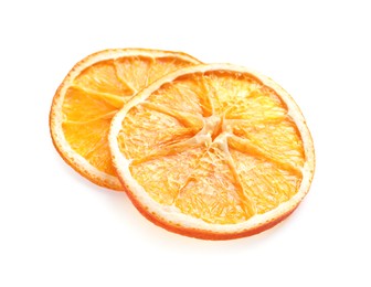 Photo of Delicious dry orange slices on white background