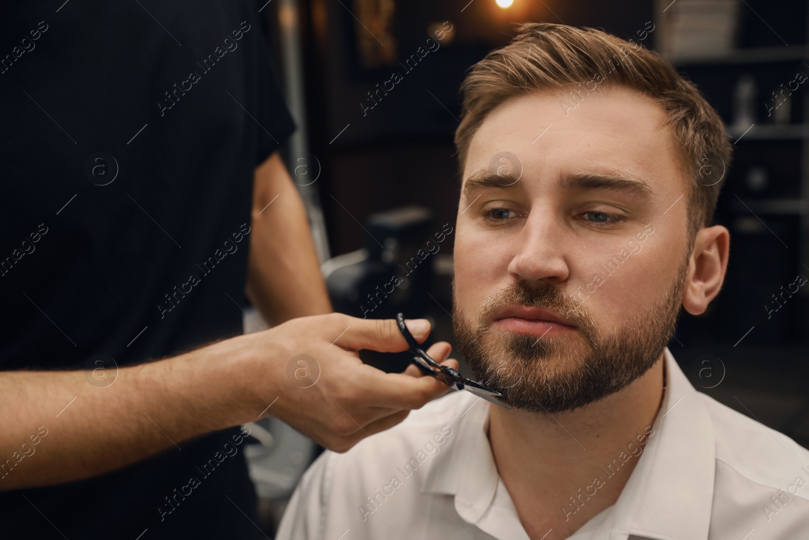 Photo of Professional hairdresser working with client in barbershop