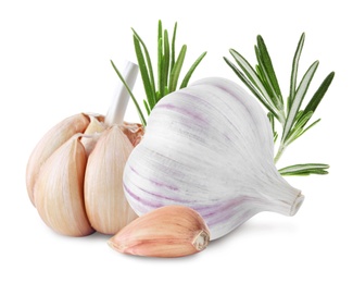 Image of Fresh garlic with rosemary on white background