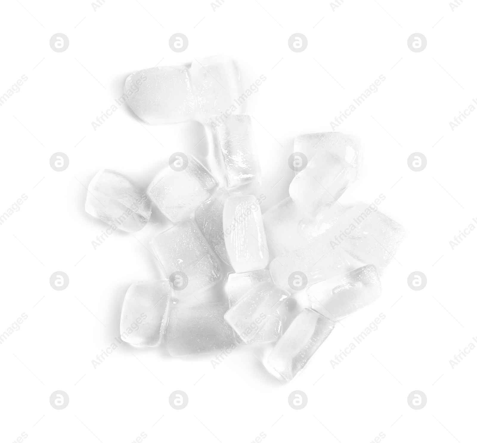 Photo of Ice cubes on white background, top view