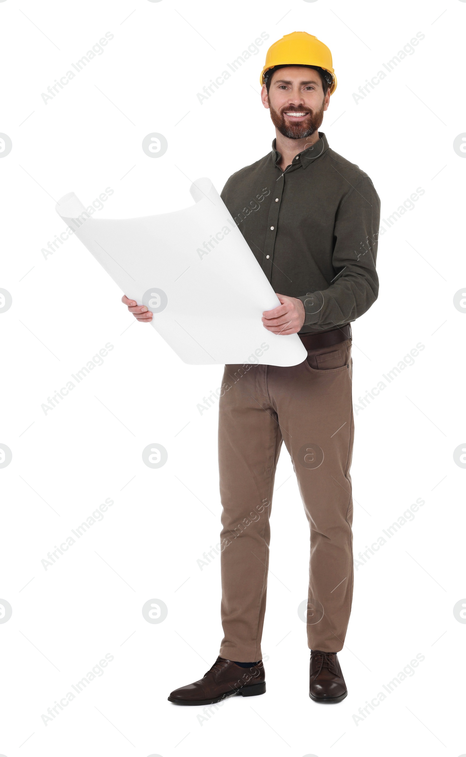 Photo of Architect in hard hat with draft on white background