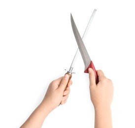 Photo of Woman sharpening knife on white background, top view