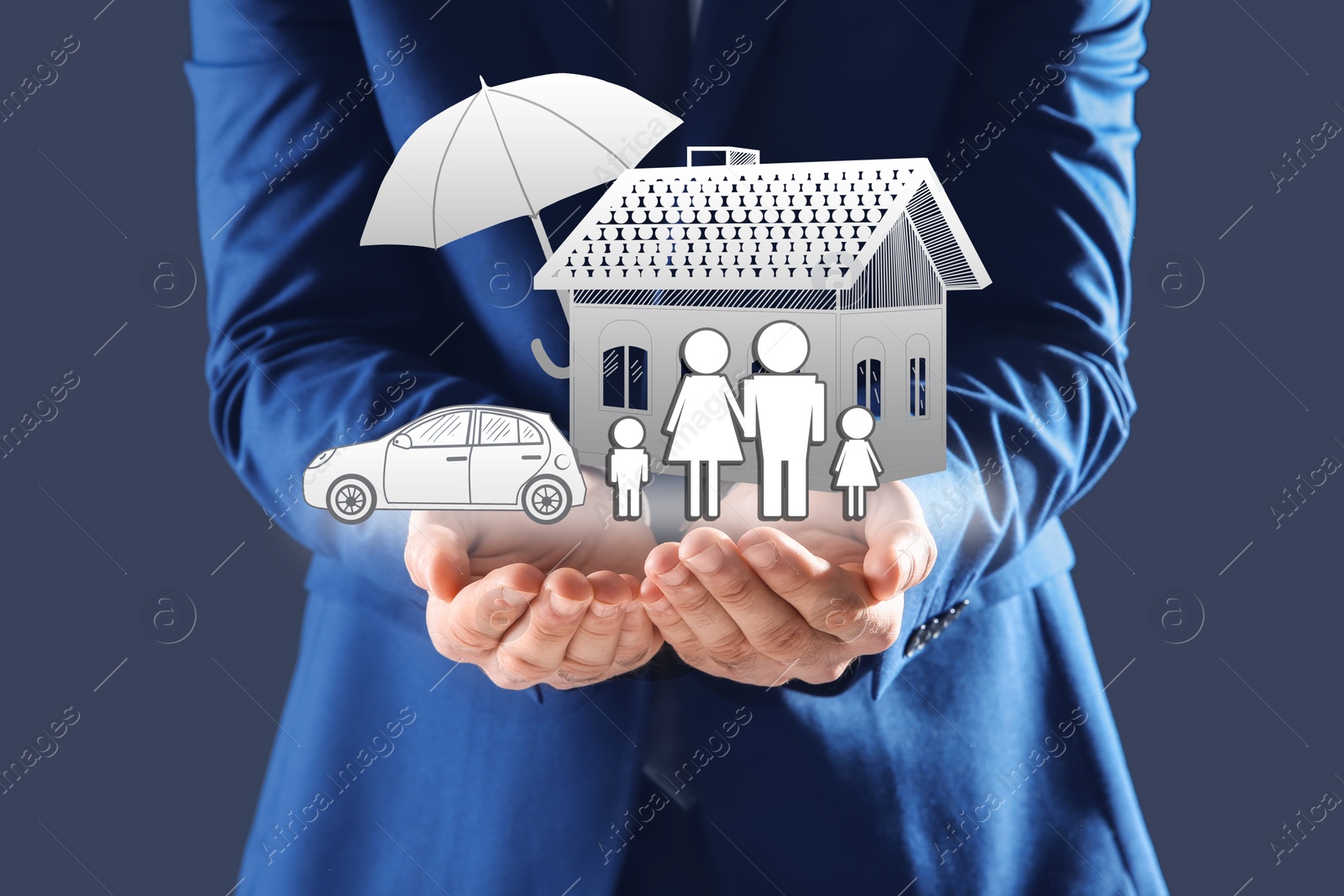 Image of Insurance concept - umbrella demonstrating protection. Man with illustrations on dark background, closeup