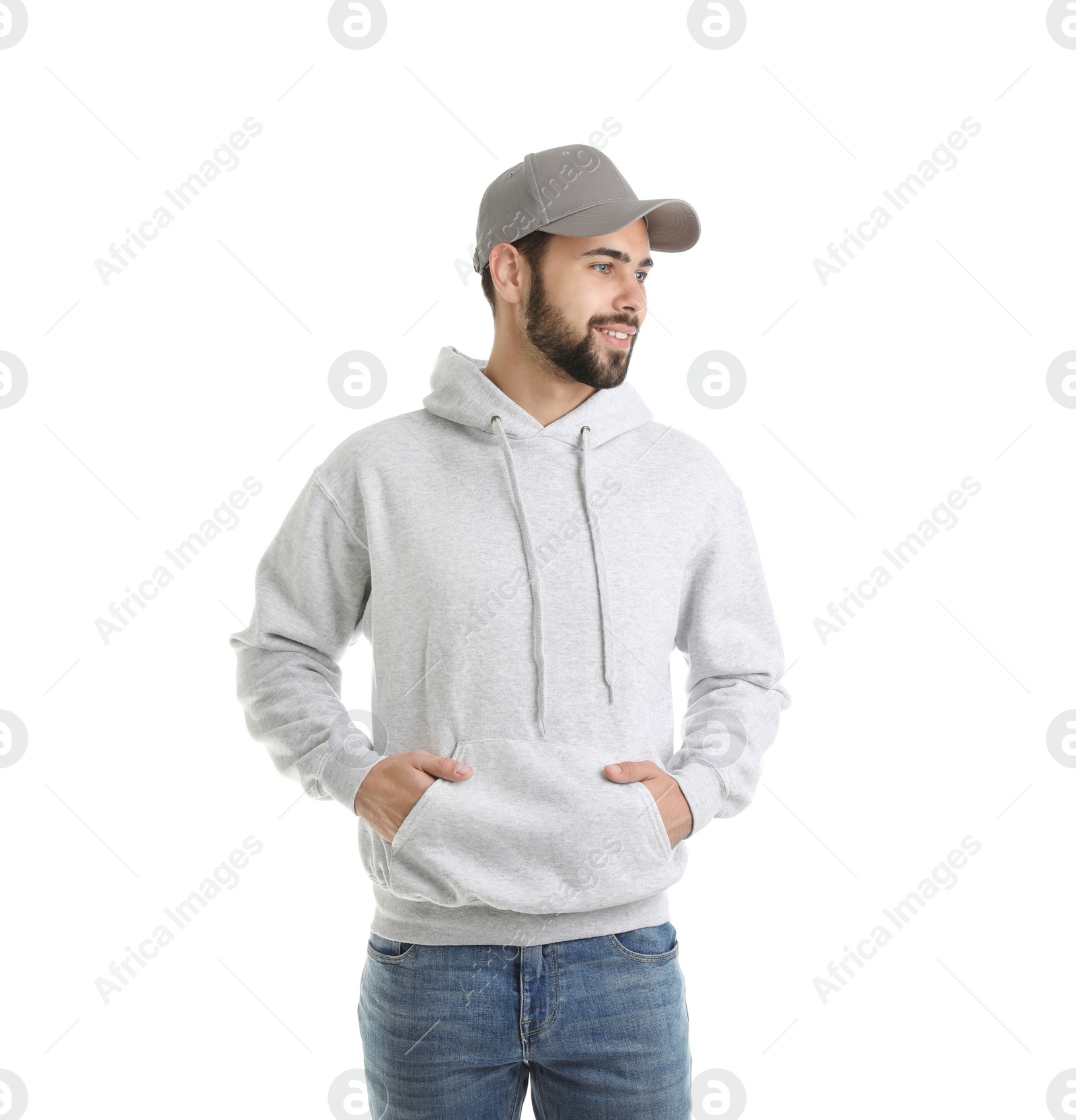 Photo of Portrait of young man in sweater isolated on white. Mock up for design