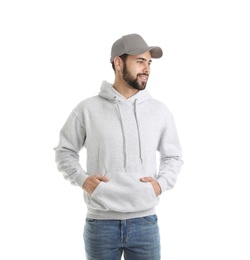 Photo of Portrait of young man in sweater isolated on white. Mock up for design