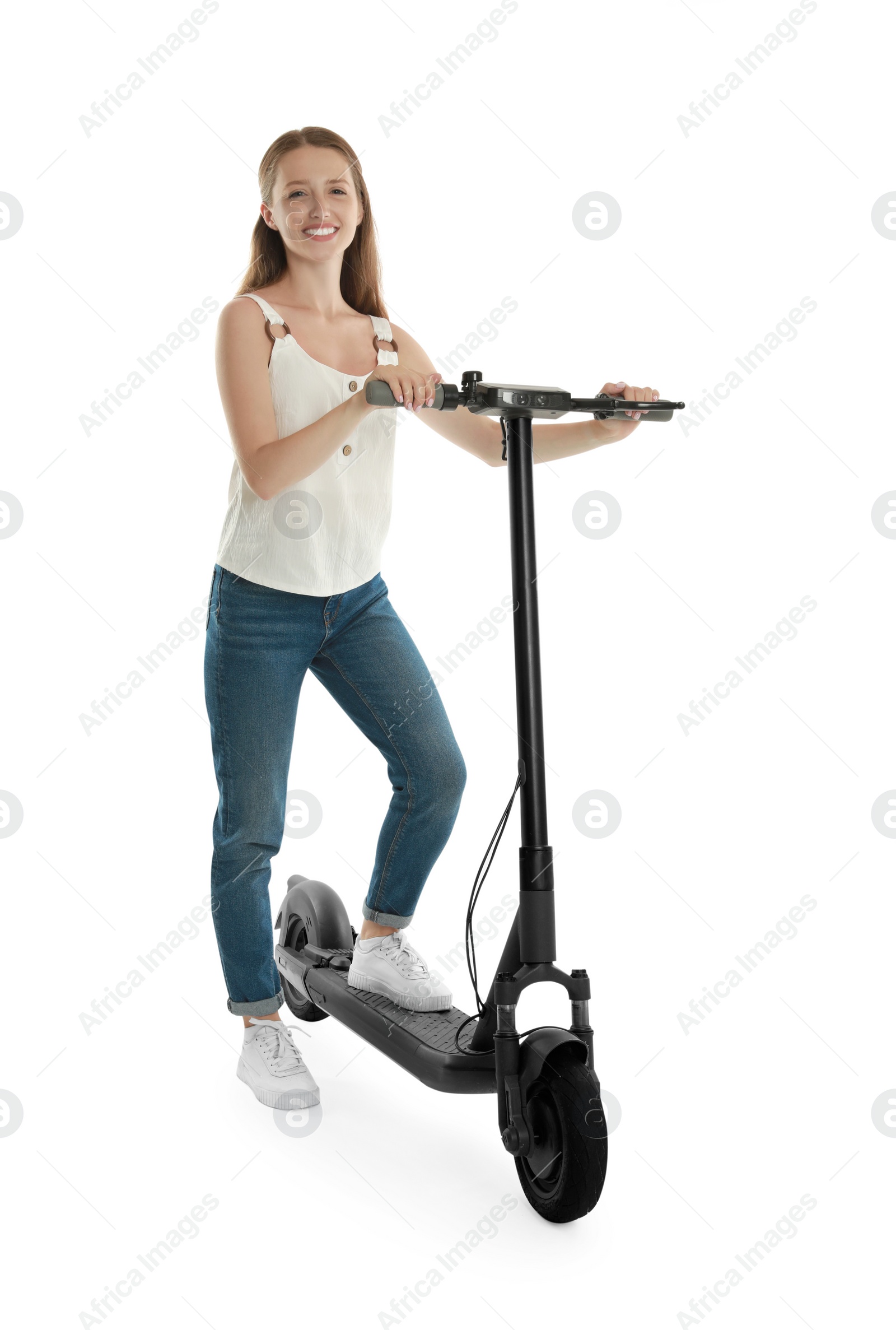 Photo of Happy woman with modern electric kick scooter on white background