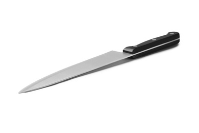 Photo of Sharp chef's knife with black handle isolated on white