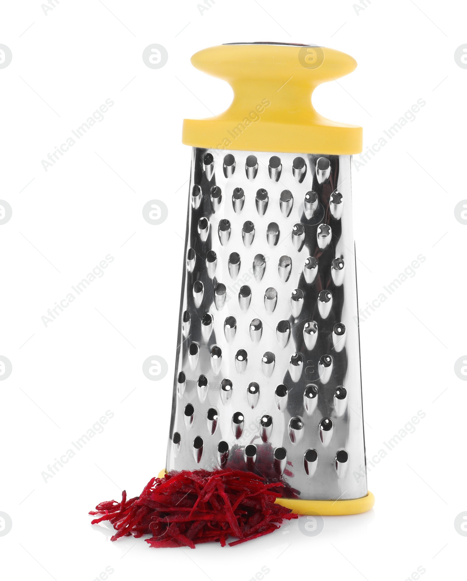Photo of Stainless steel grater and fresh beetroot on white background