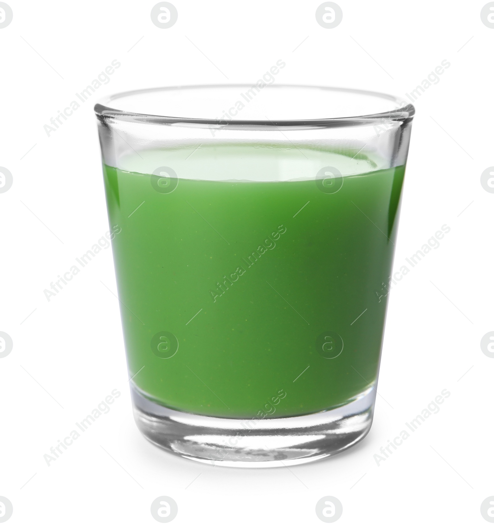 Glass of fresh wheat grass juice on white background Photo of Glass of fresh wheat grass juice on white background