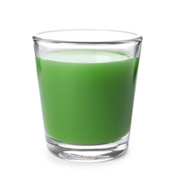 Photo of Glass of fresh wheat grass juice on white background