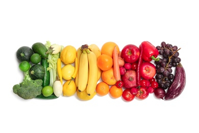 Photo of Rainbow composition with fresh vegetables and fruits on white background, flat lay