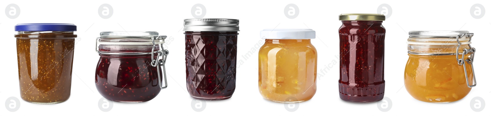 Image of Set of jars with delicious jams on white background. Banner design