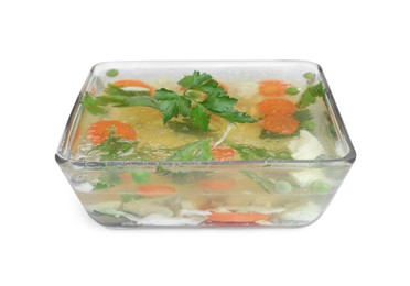 Delicious fish aspic in glass bowl isolated on white