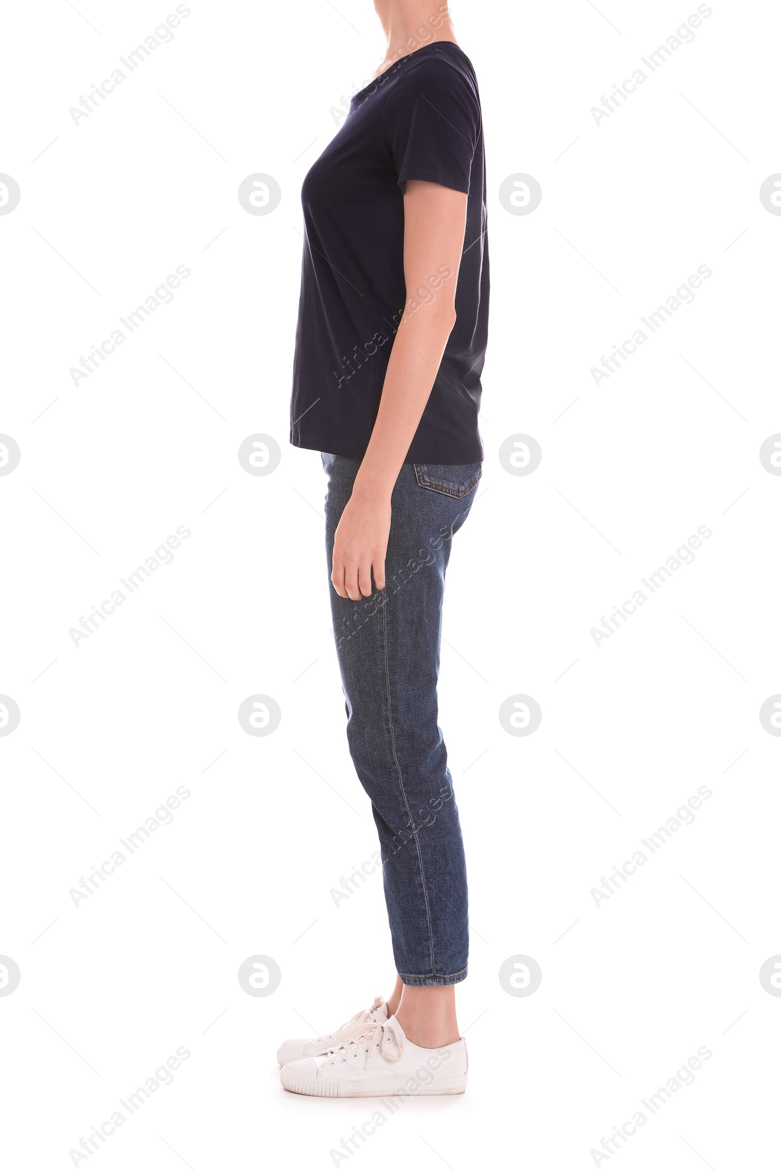 Photo of Young slim woman on white background, closeup. Weight loss