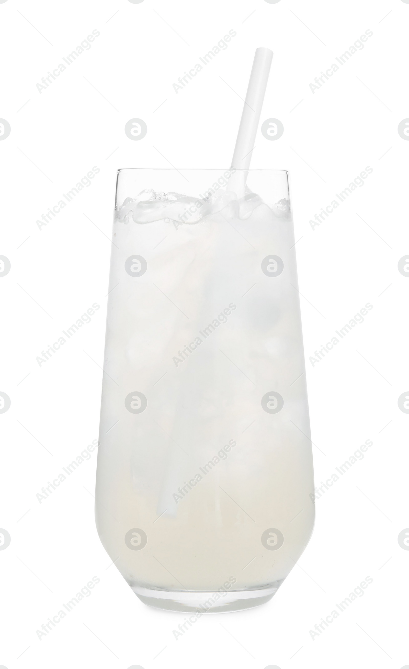 Photo of Glass of coconut water with ice cubes isolated on white