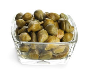 Photo of Capers in glass bowl isolated on white