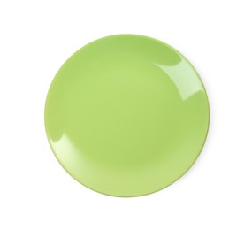 Photo of One light green ceramic plate isolated on white, top view