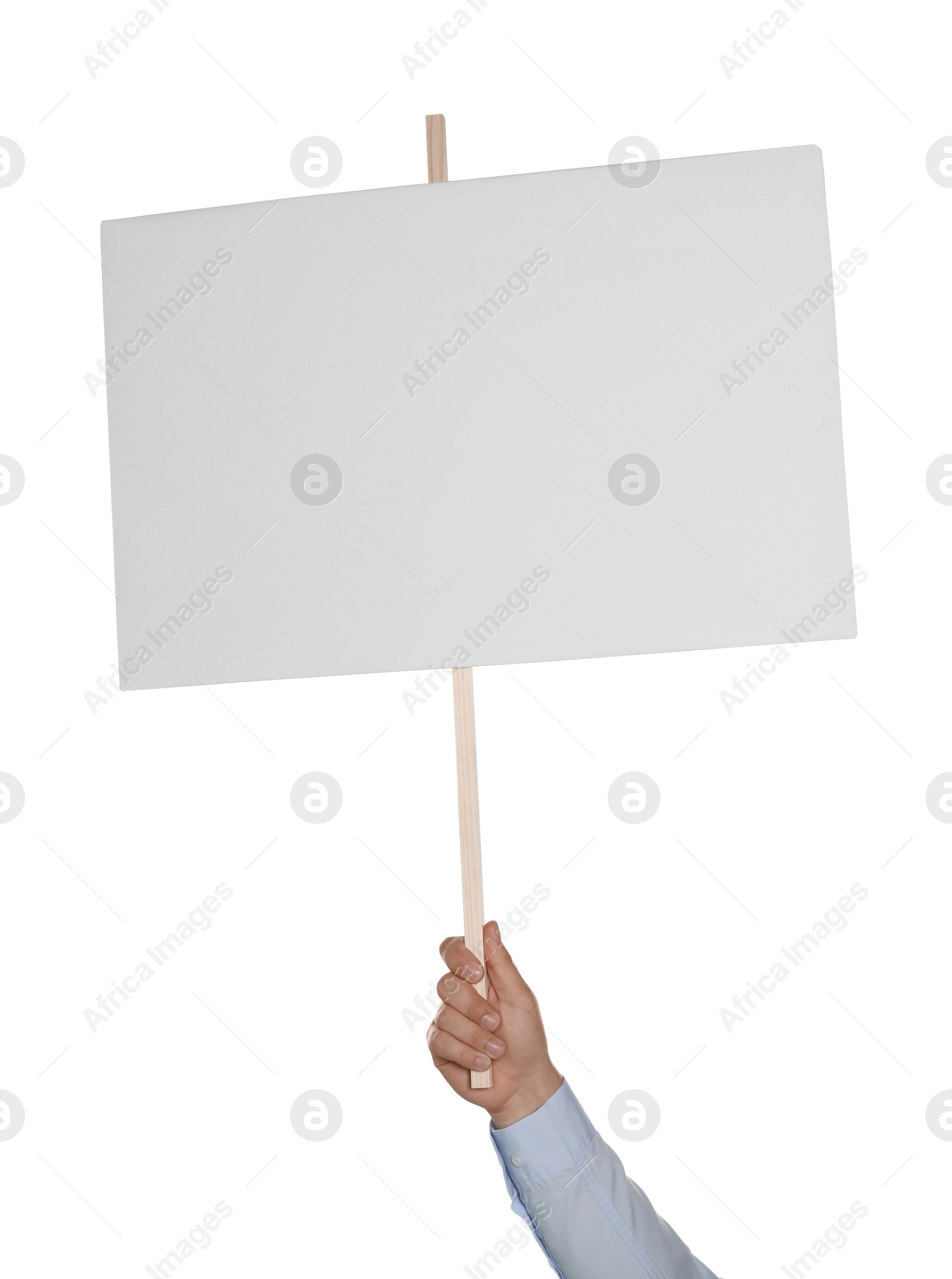 Photo of Man holding blank protest sign on white background, closeup