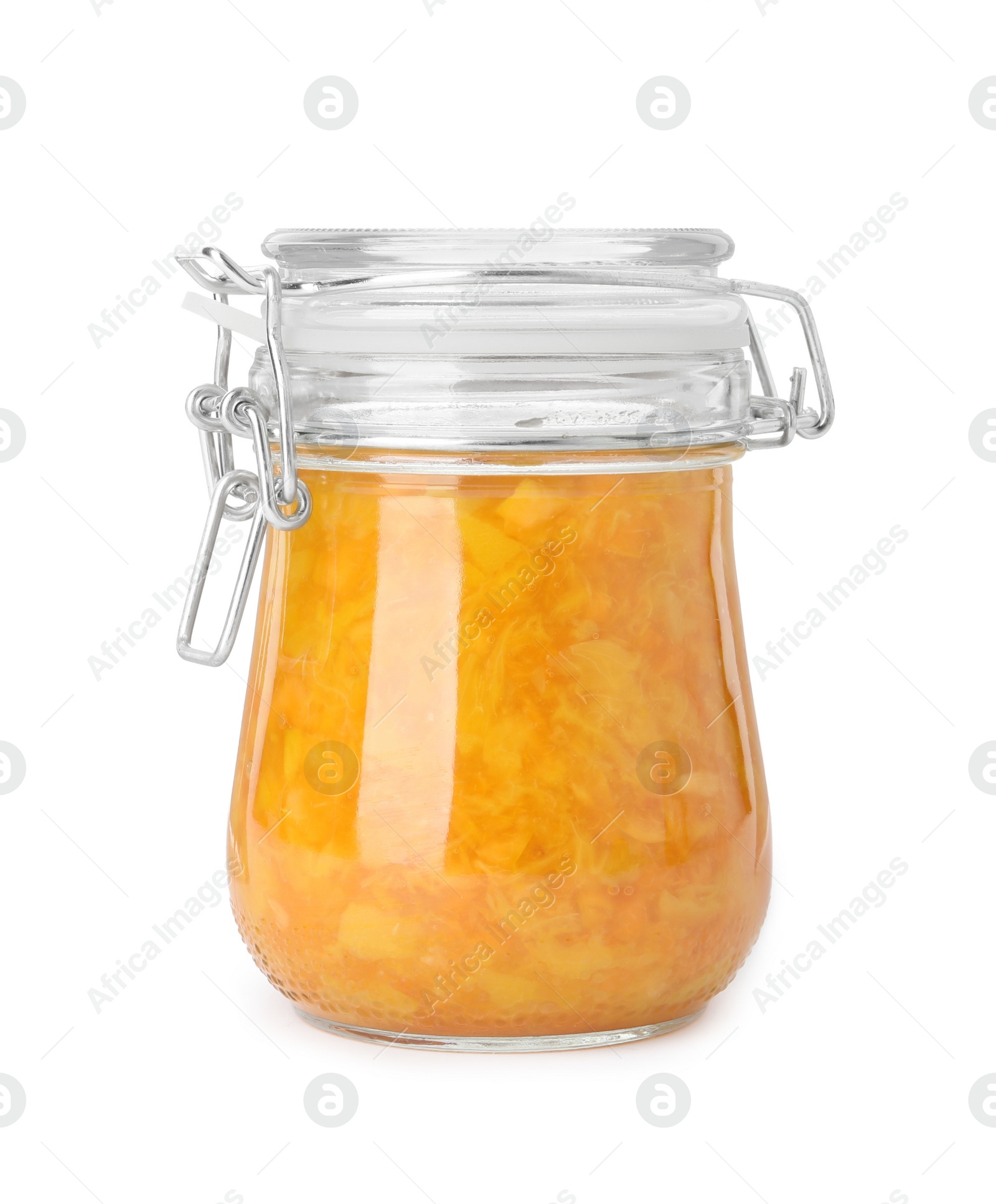 Photo of Jar of apricot jam isolated on white